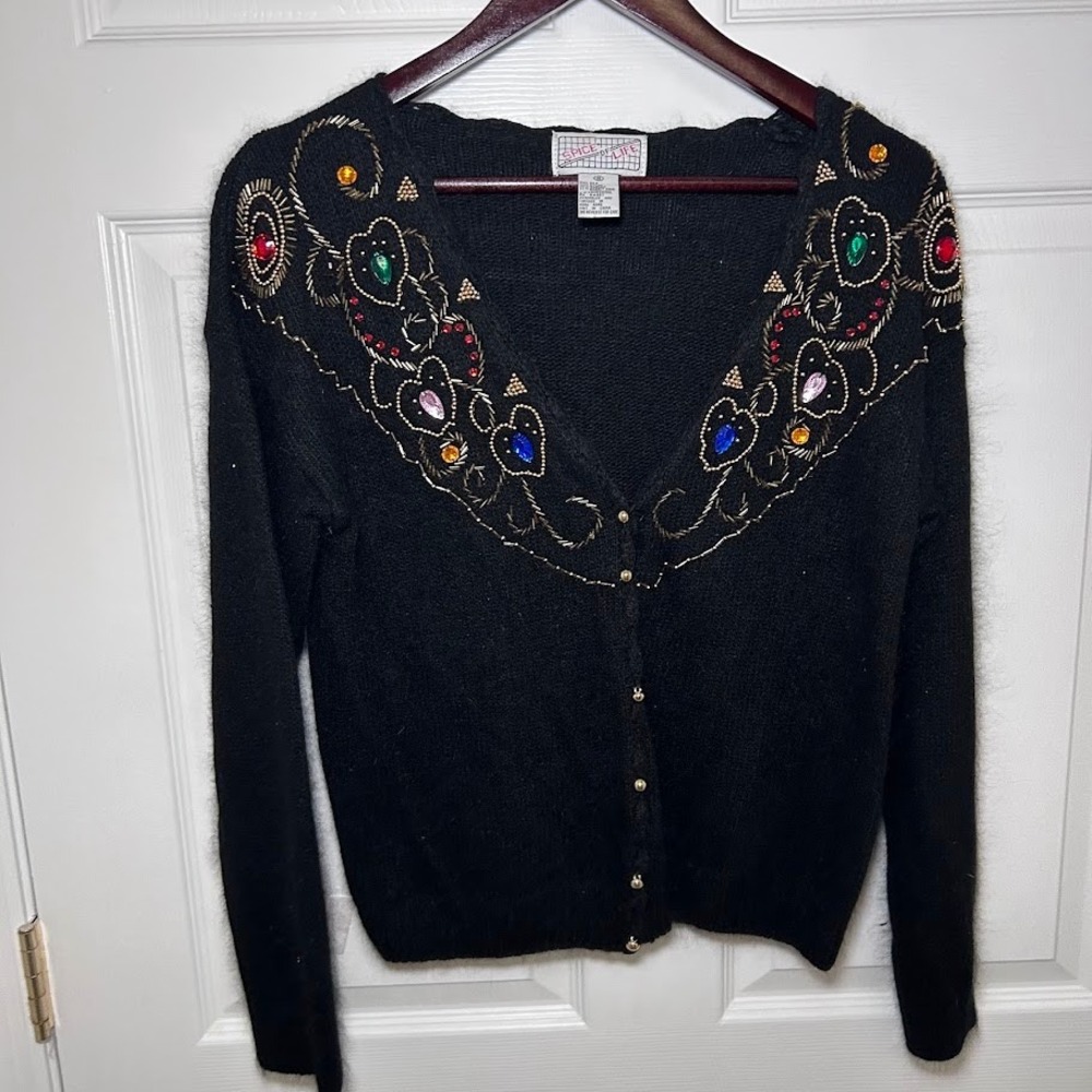 Vintage Beaded Silk Angora Cardigan Sz Small Black Jewel Embellished 90s Glam